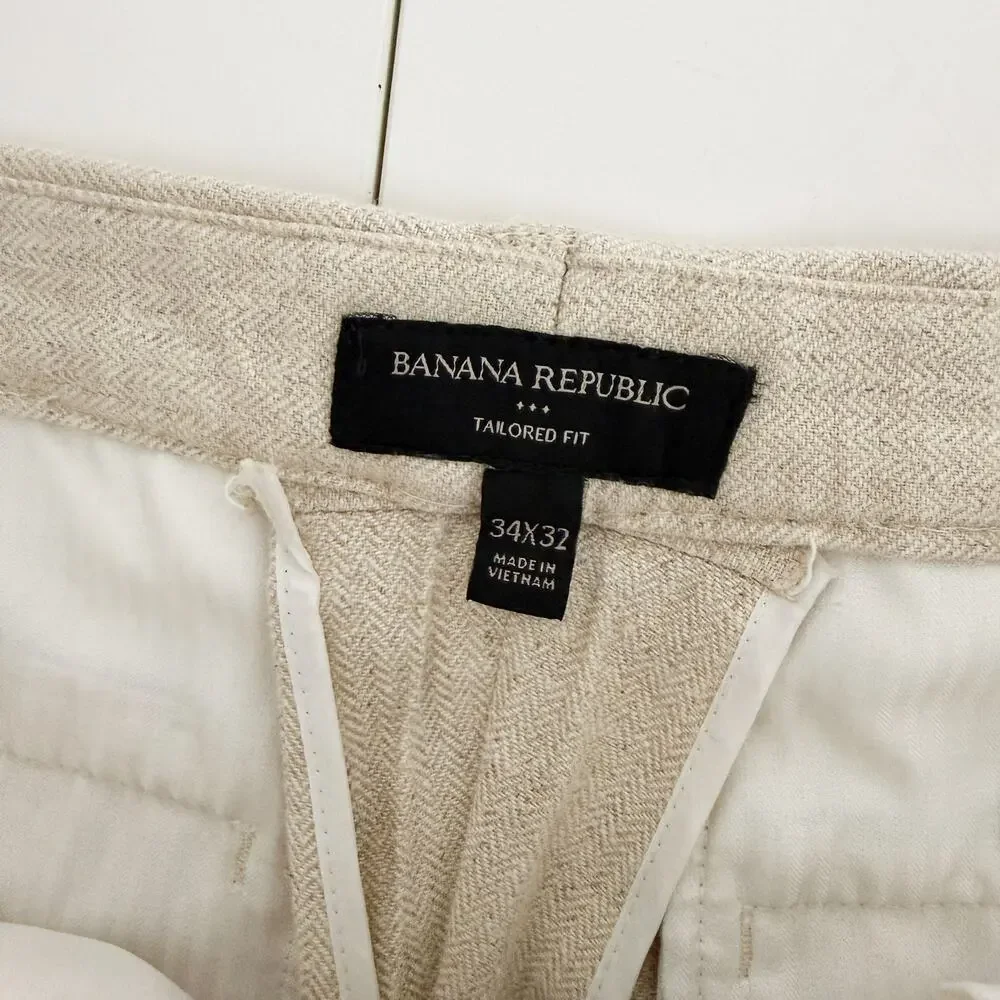 Banana Republic Mens Pants Meridian Linen-Cotton Beige Herringbone - 34x32